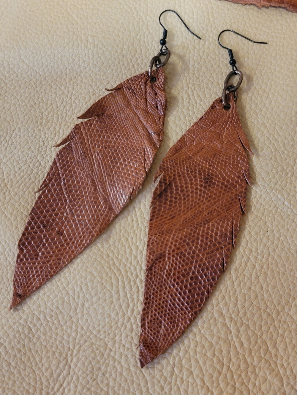 Handcrafted Brown Leather Feather Drop Earrings